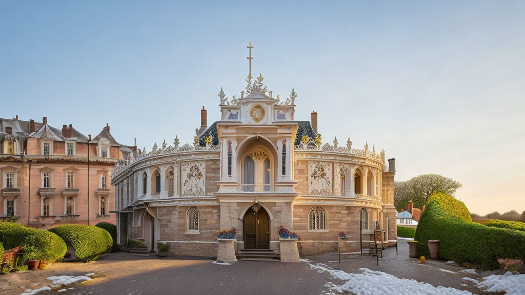 Baroque chapel with white and blue facade and manicured bushes at dusk