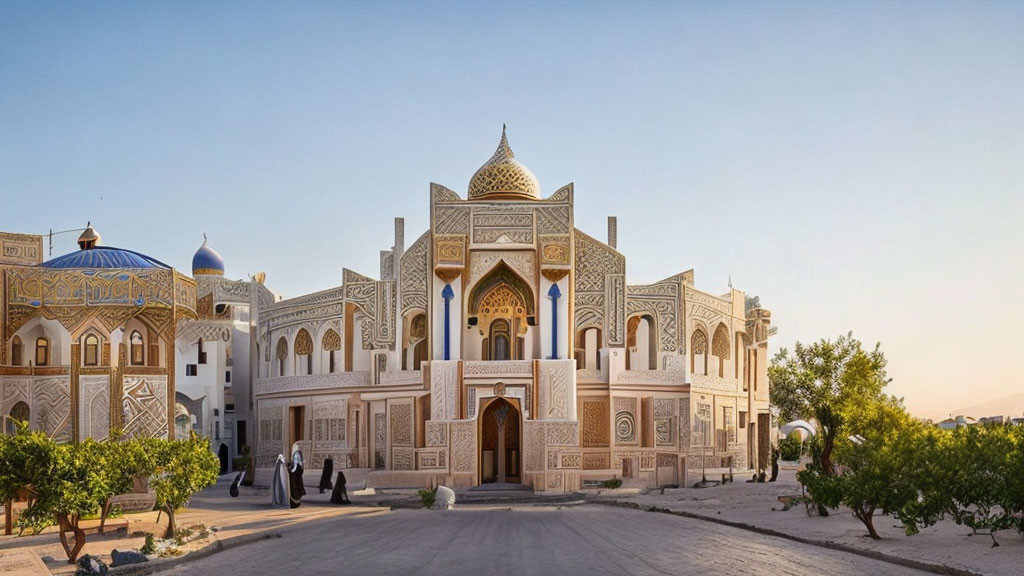 Ornate building with arches, domes, and lush greenery