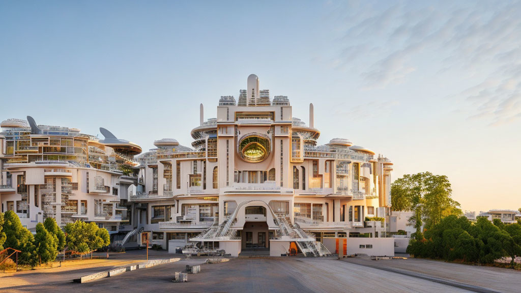 Art Deco white building with circular central feature under soft blue sky