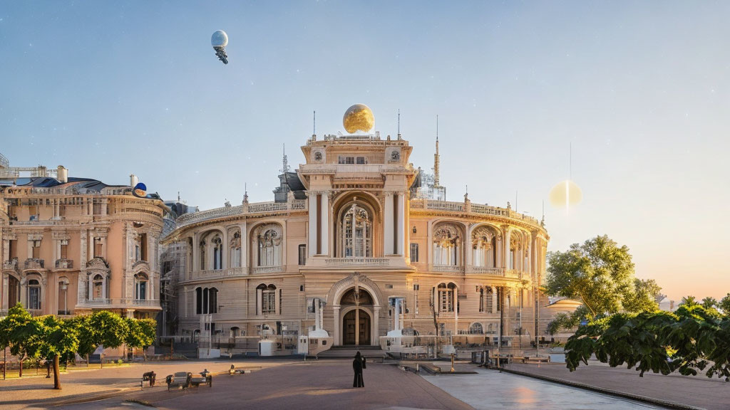 Opulent building with central dome and two smaller domes under clear sky