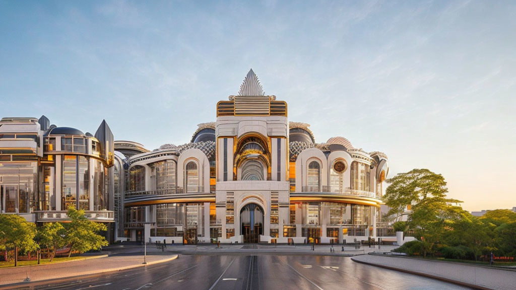 Neoclassical modern building with central dome and arches at dawn or dusk