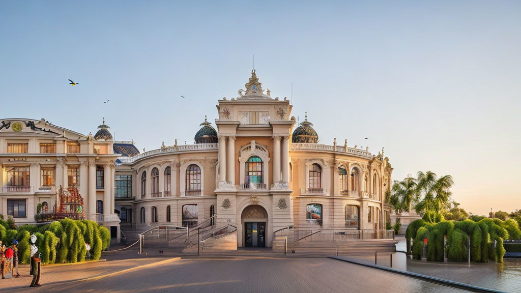 Classical building with staircase and columns at dusk