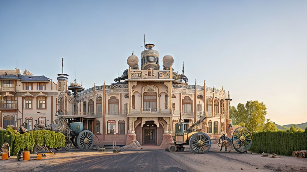 Ornate building with mixed architectural styles, domes, arches, cannons, and topi