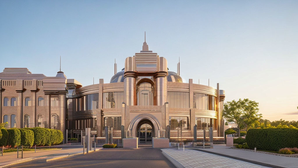 Modern building facade with central dome and art deco elements in golden hour