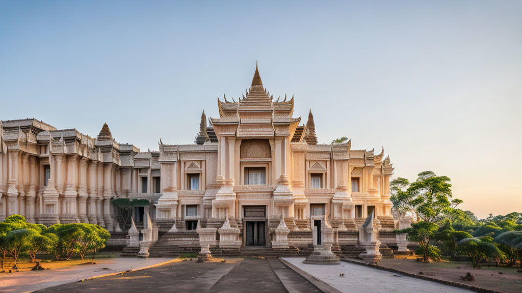 Traditional Asian palace with tiered roofs and ornate spires at dusk