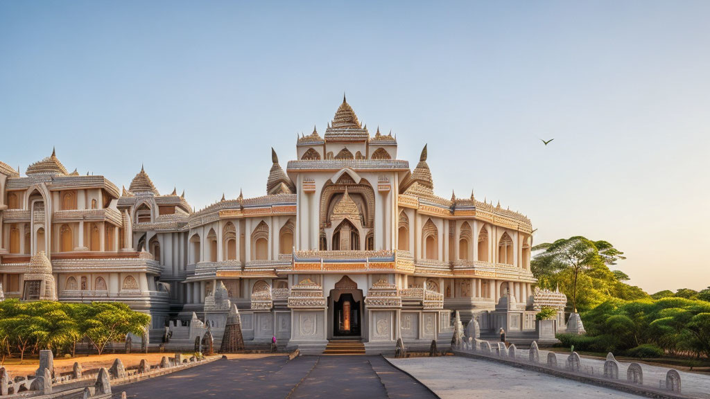 White palace with spires and intricate details in green landscape at sunset