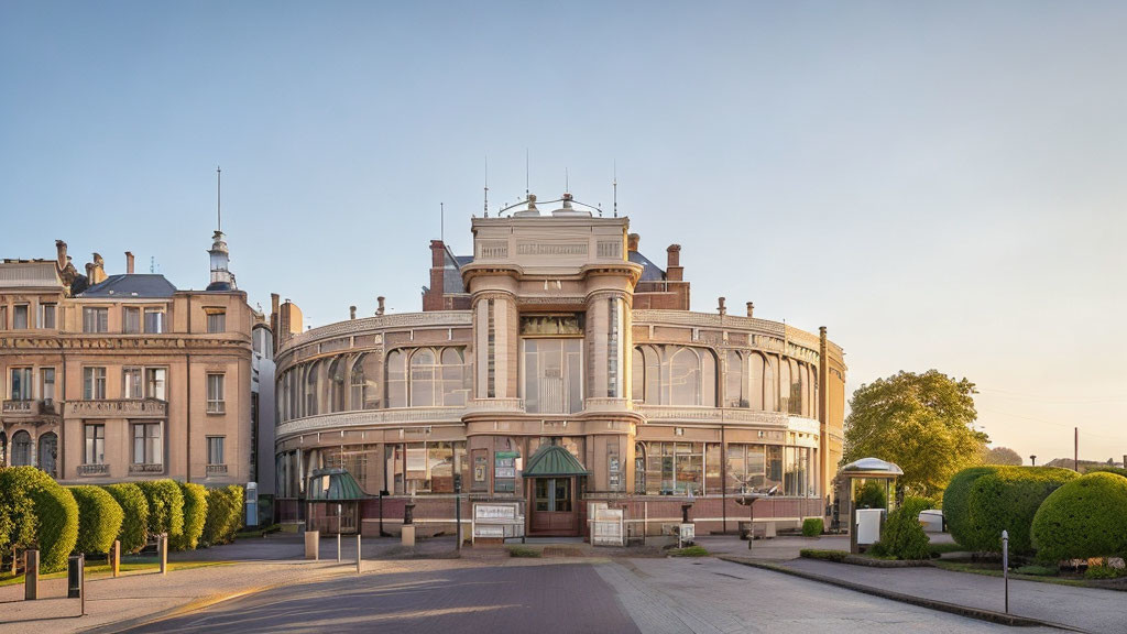 Historic building with circular facade, dome, and large windows in serene setting