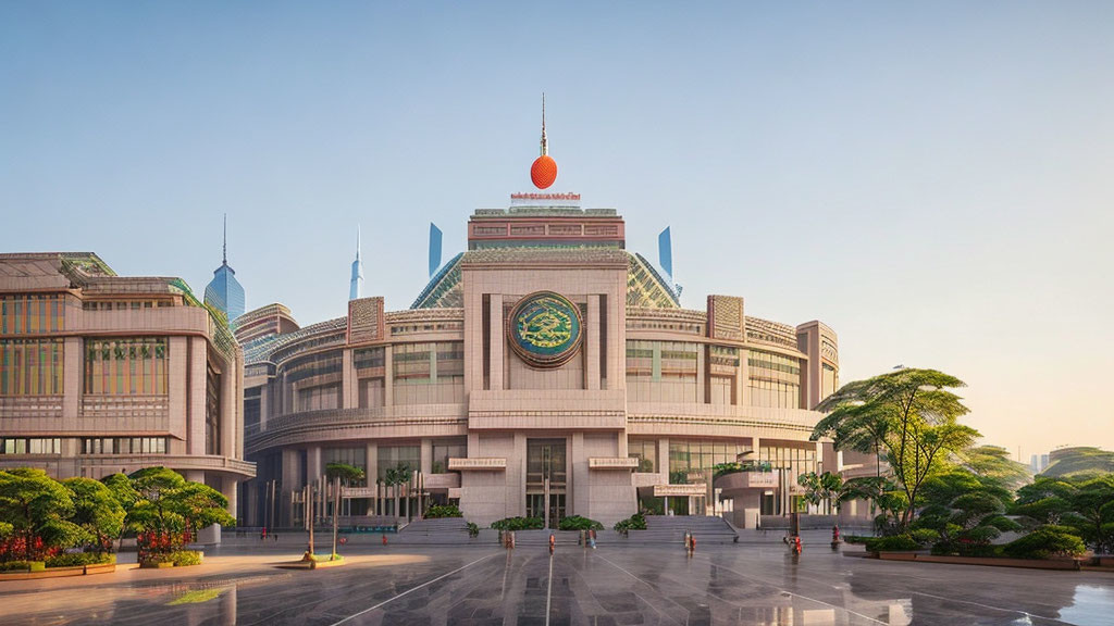 Modern municipal building with traditional touches and plaza, skyscrapers backdrop