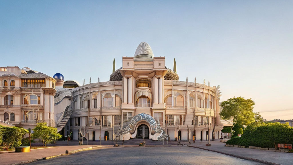 Opulent modern building with grand entrance and spherical domes