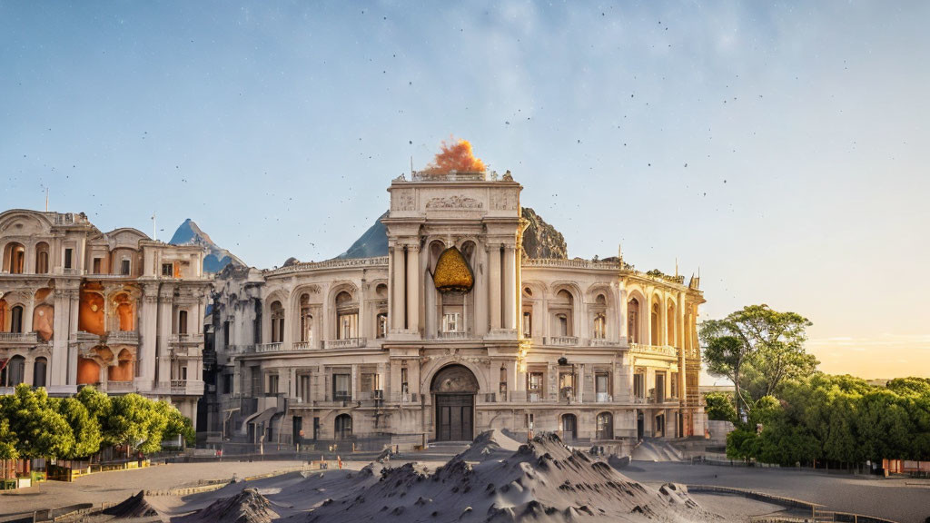 Classic architecture building with explosion aftermath and debris scattered around