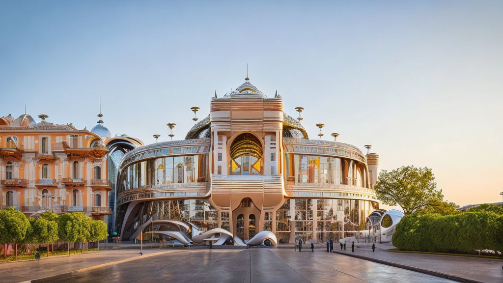 Curved glass and metal structure amid traditional buildings