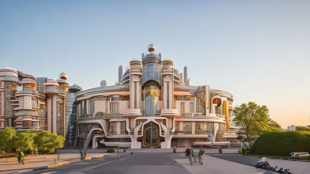 Modern building with round shapes and metallic accents under clear sunset sky.