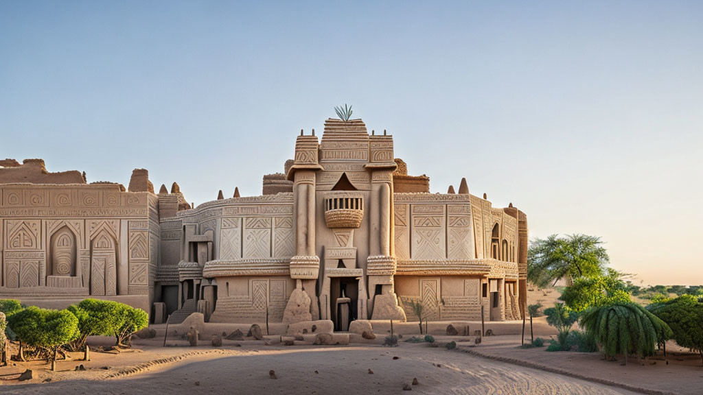 Traditional Sahelian Mosque with Mudbrick Designs in Sparse Vegetation