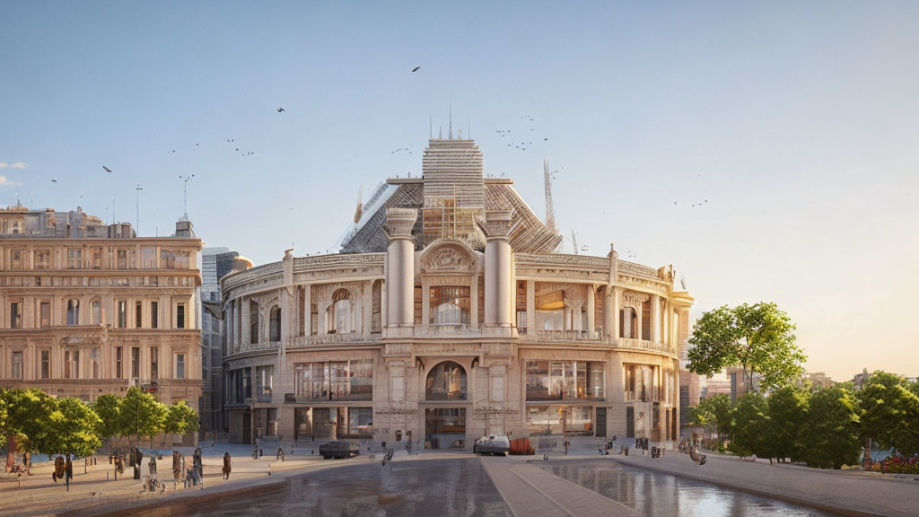 Historical opera house with classical architecture in soft sunlight.