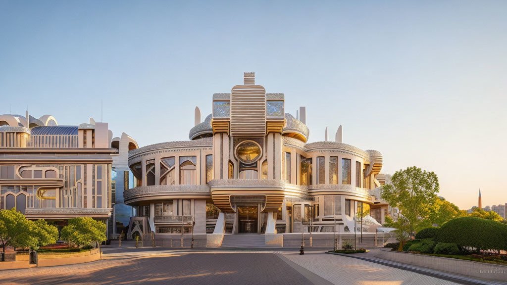 Opulent futuristic building with art deco elements and large windows