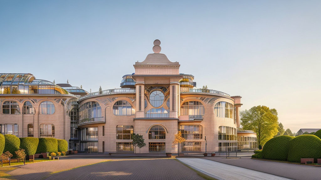 Modern building with large glass windows, clock face, dome, clear sky at golden hour