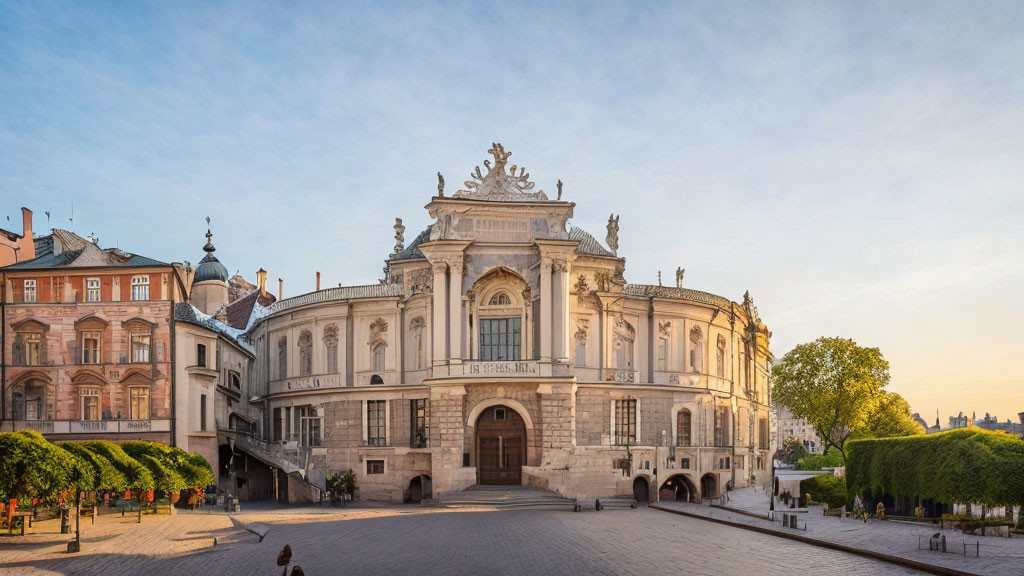 Baroque-style university building at dawn in deserted square