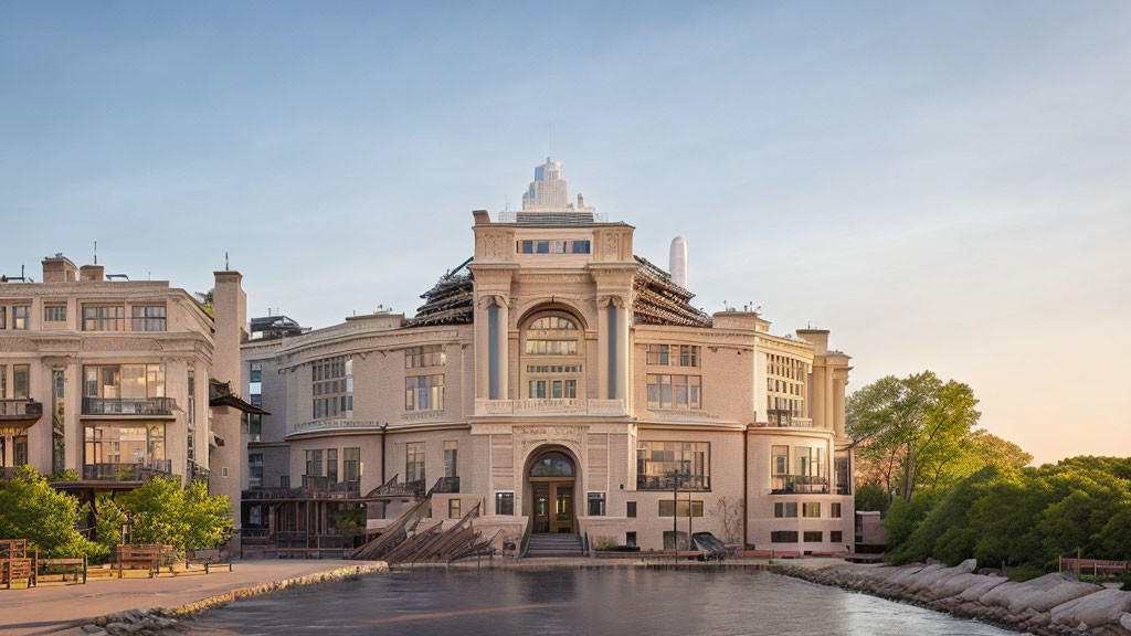 Neoclassical building with central arch and waterfront terrace at dusk