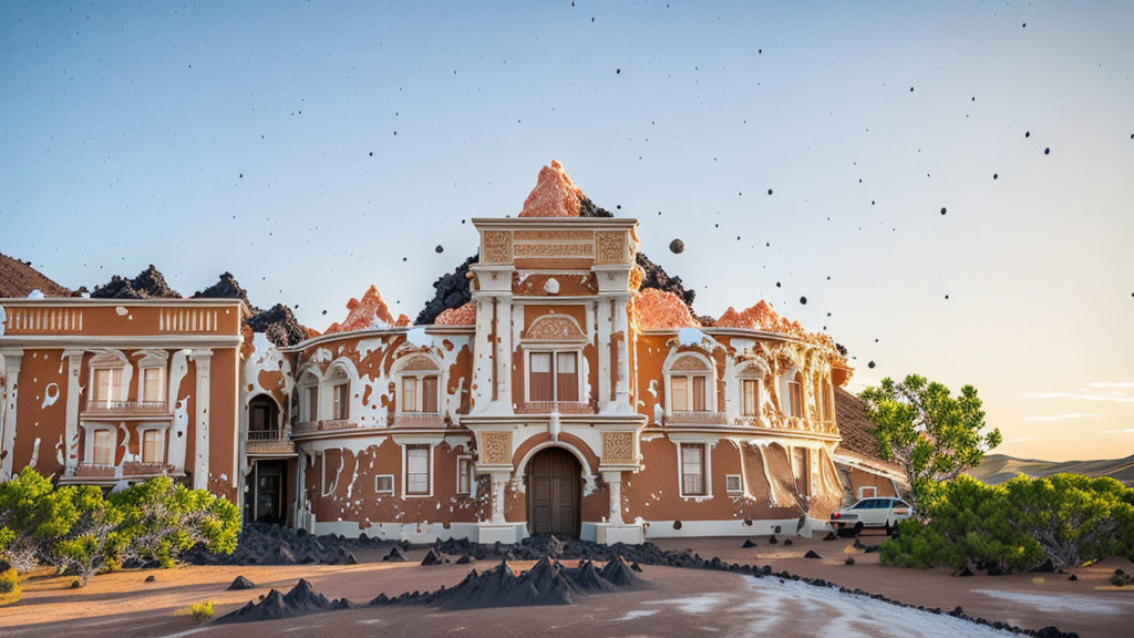 Vintage car parked outside damaged desert building with floating rocks