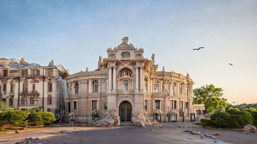 Historic building with detailed facade at dusk, surrounded by trees and birds