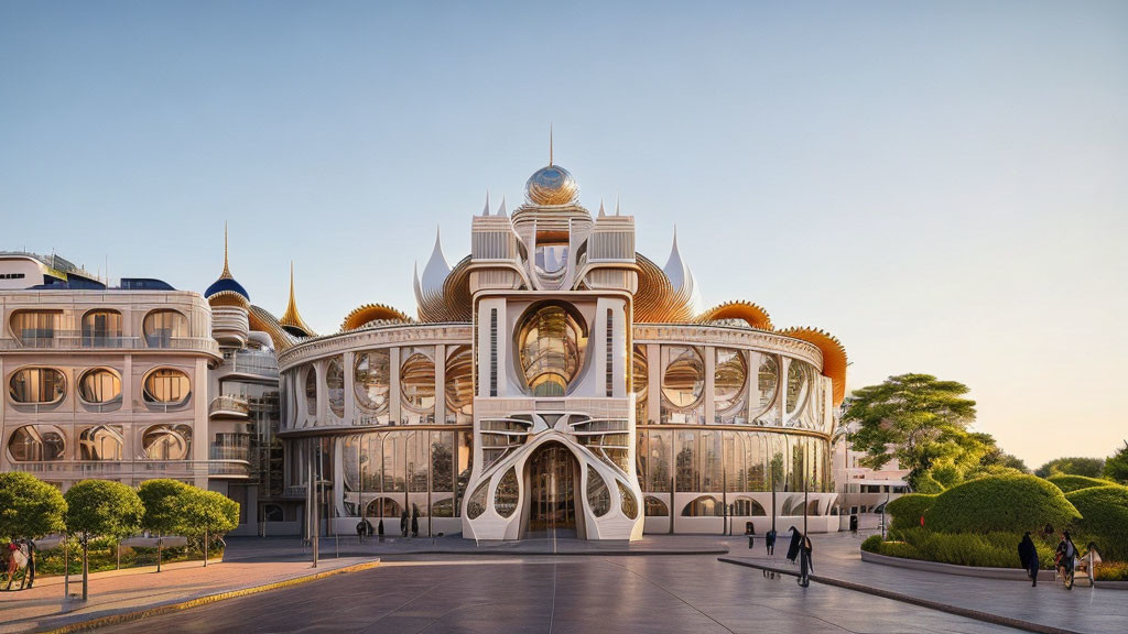 Modern architecture with white and gold domes, intricate design, trees, and people walking.