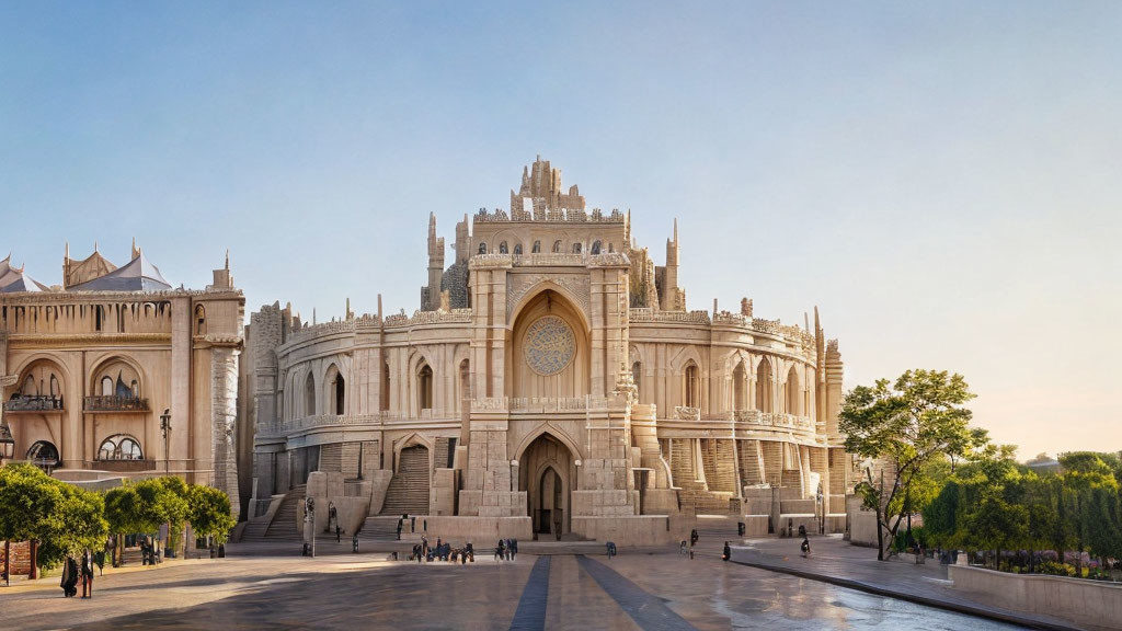 Neo-Gothic Cathedral with Rose Window and Towers in Sunlit Plaza