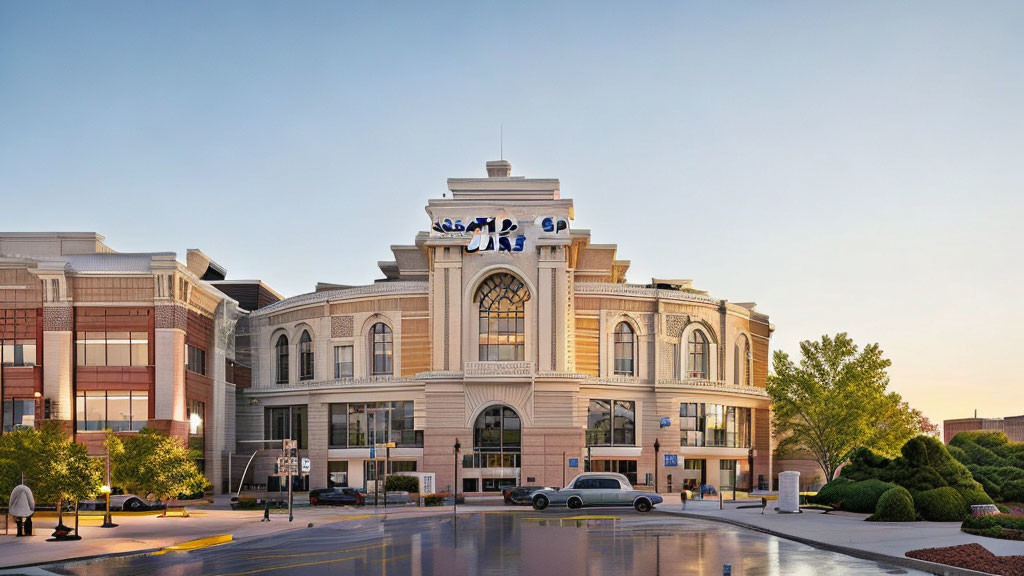 Classical building with central pediment and clock, modern extensions, clear dusk sky