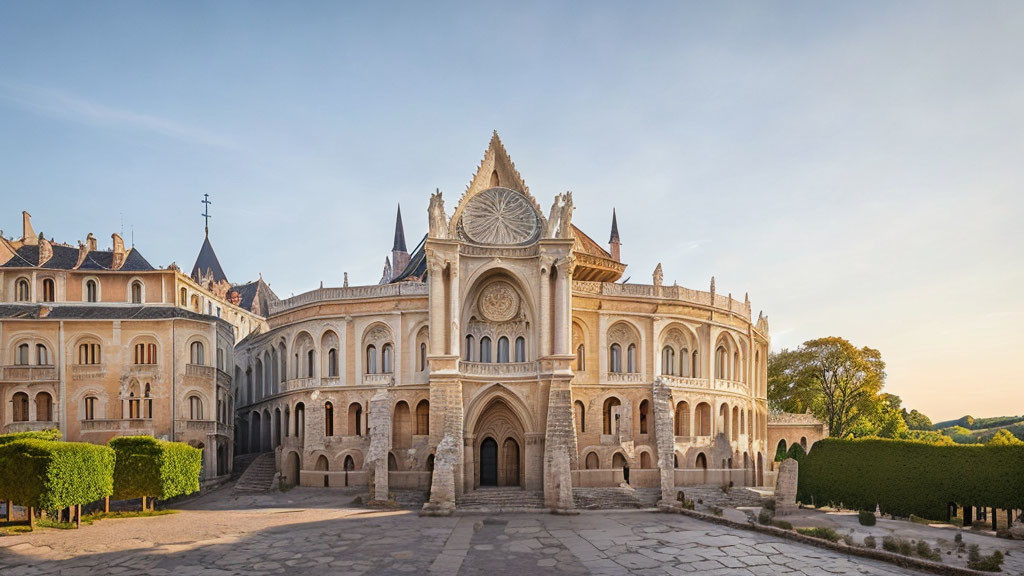 Neo-Gothic Palace with Pointed Arches and Rose Window at Dusk