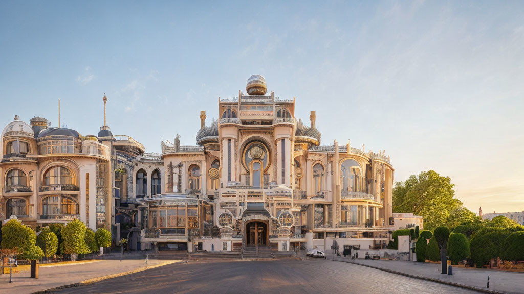 Palatial building with intricate architecture and domes at dawn/dusk