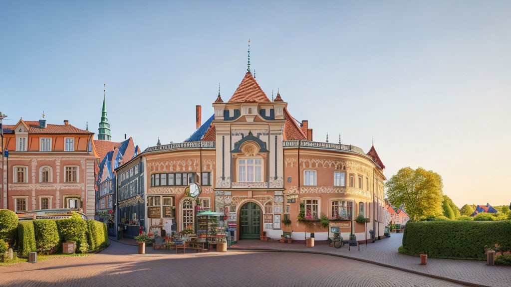 Ornate European Building on Cobblestone Square