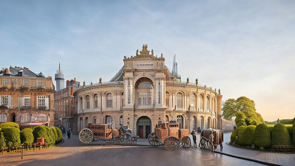 Historical building with grand entrance, hedges, horse-drawn carriages at dusk