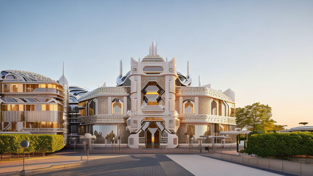 Ornate white and gold futuristic building with balconies and spherical structures at sunset