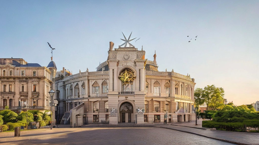 Neoclassical Building with Star, Arch, Clock, and Birds in Sunlight