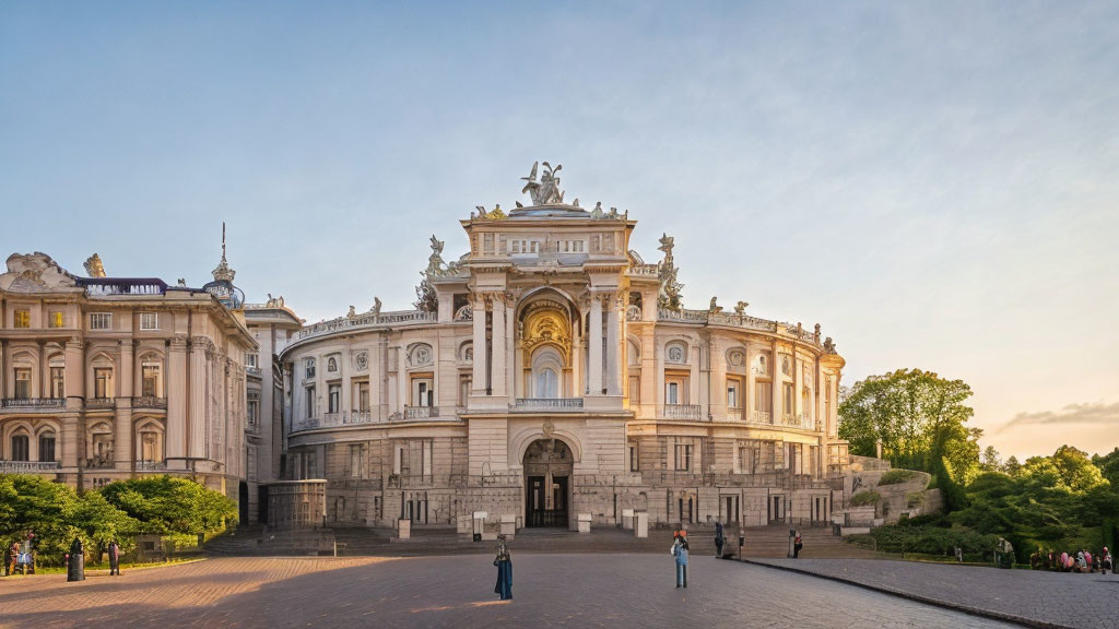 Neoclassical building with sculptures at sunset surrounded by trees