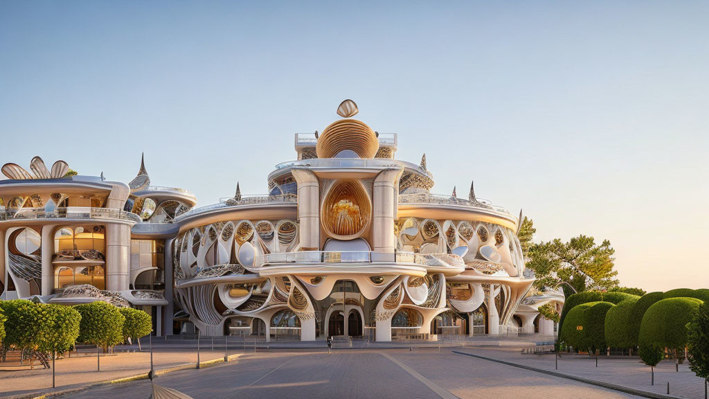 Futuristic white and gold building with spherical feature at dusk