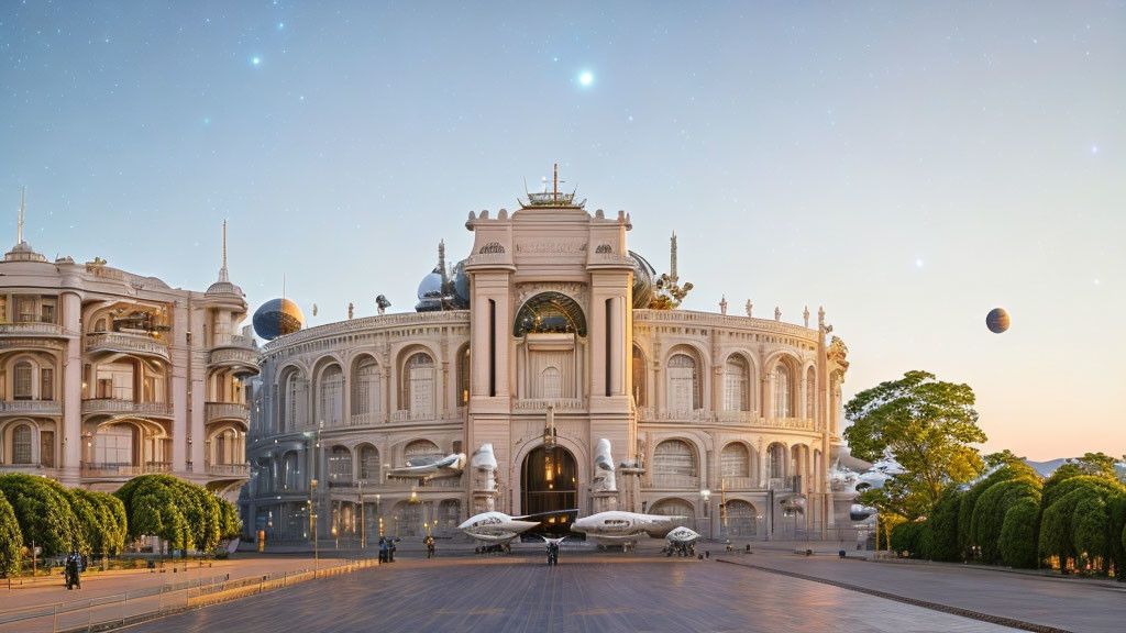 Classical-style Building with Futuristic Vehicles on Open Plaza