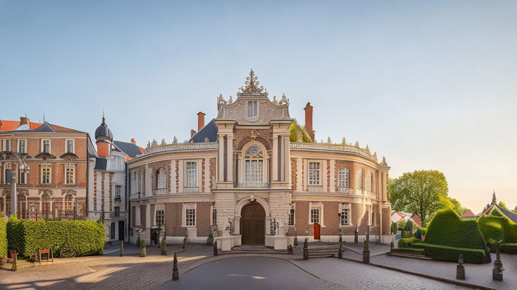 Baroque building with intricate façade and topiary gardens at dawn or dusk