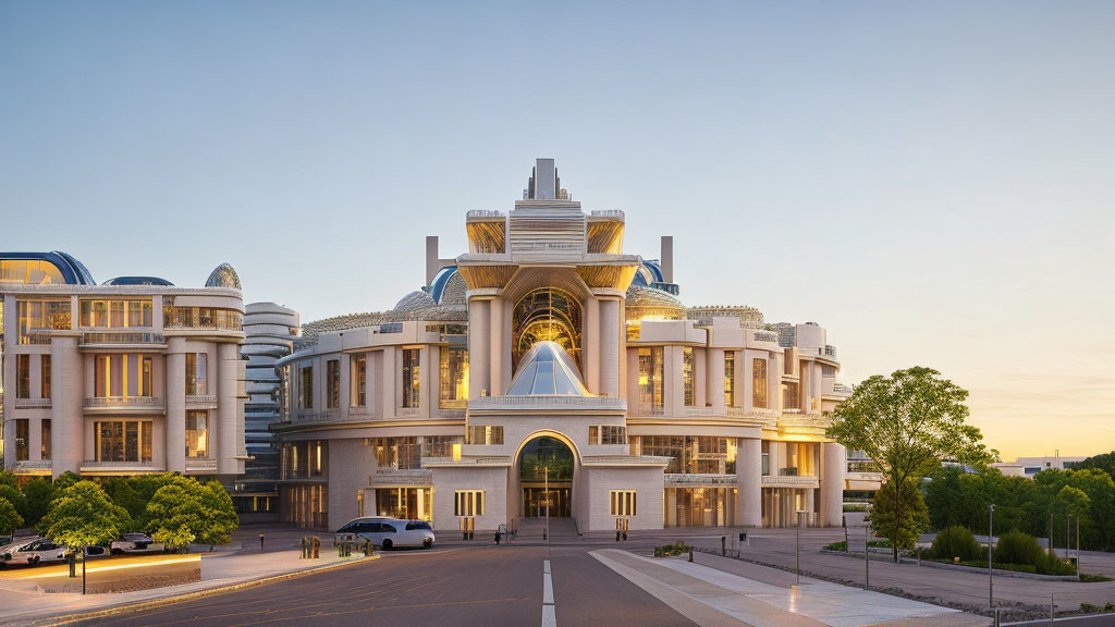 Neoclassical-style building with central dome and symmetrical wings at sunset