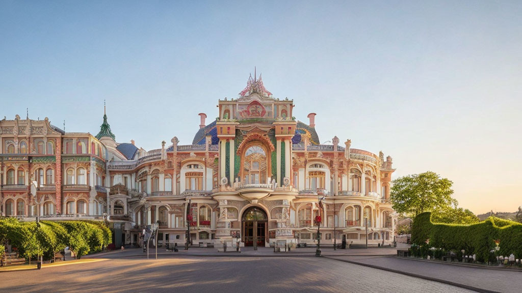 Ornate Baroque Theatre Facade with Colorful Detailing