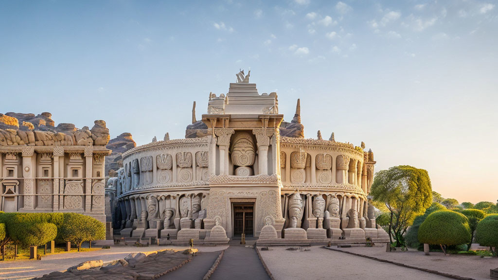 Stone temple with domes, sculptures, and greenery under clear sky