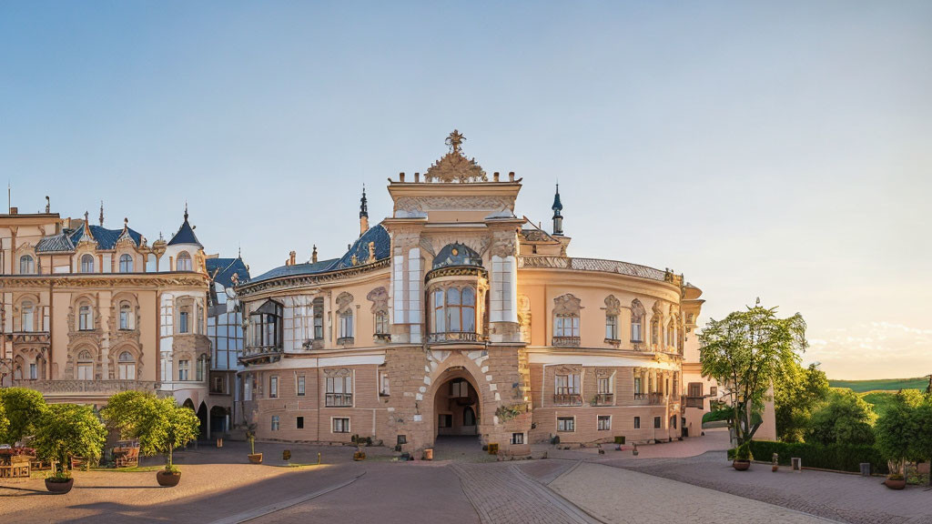 Ornate historic building with decorative facades and arched entrance at sunrise or sunset