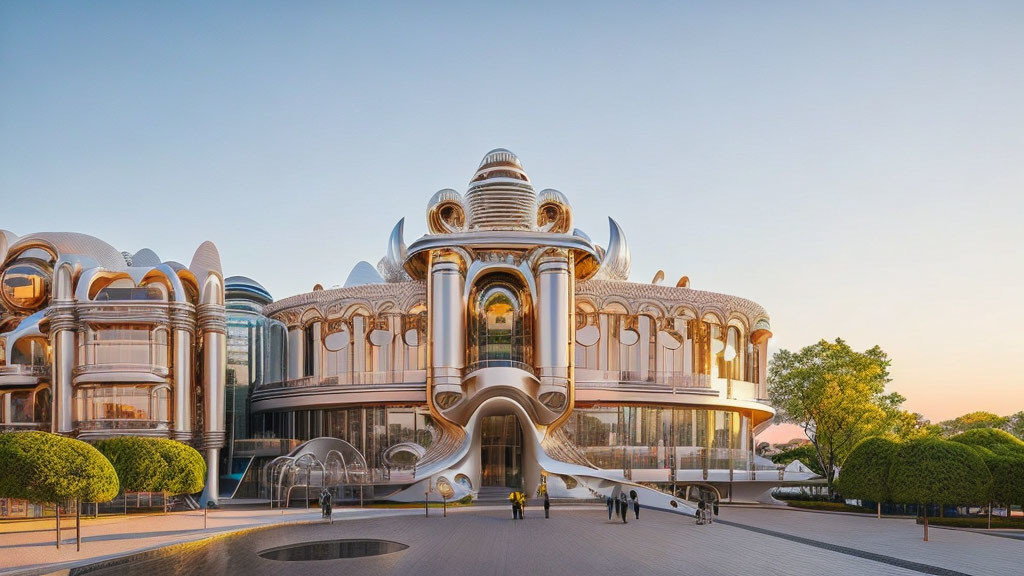 Modern architecture with reflective domes and curved design at sunset.