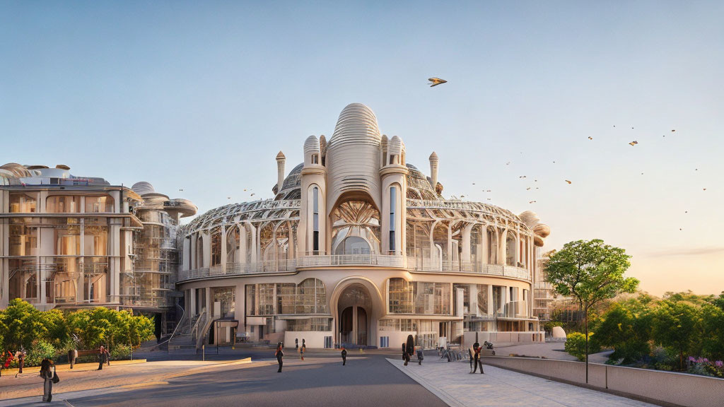 White domed building with arches, pedestrians, and birds in evening sky