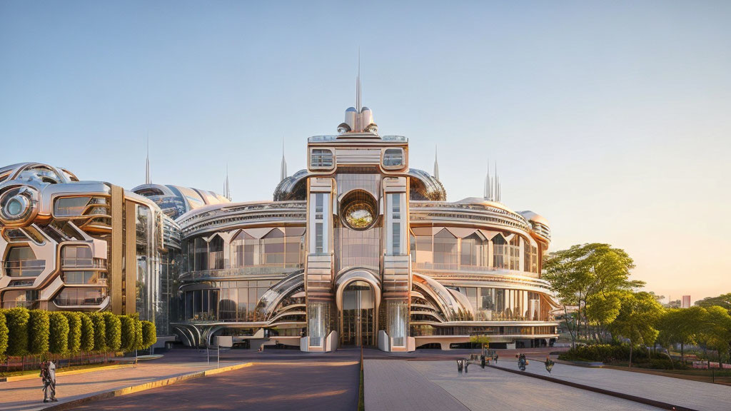 Glass domes, metallic structures, and clock in modern building at sunrise or sunset