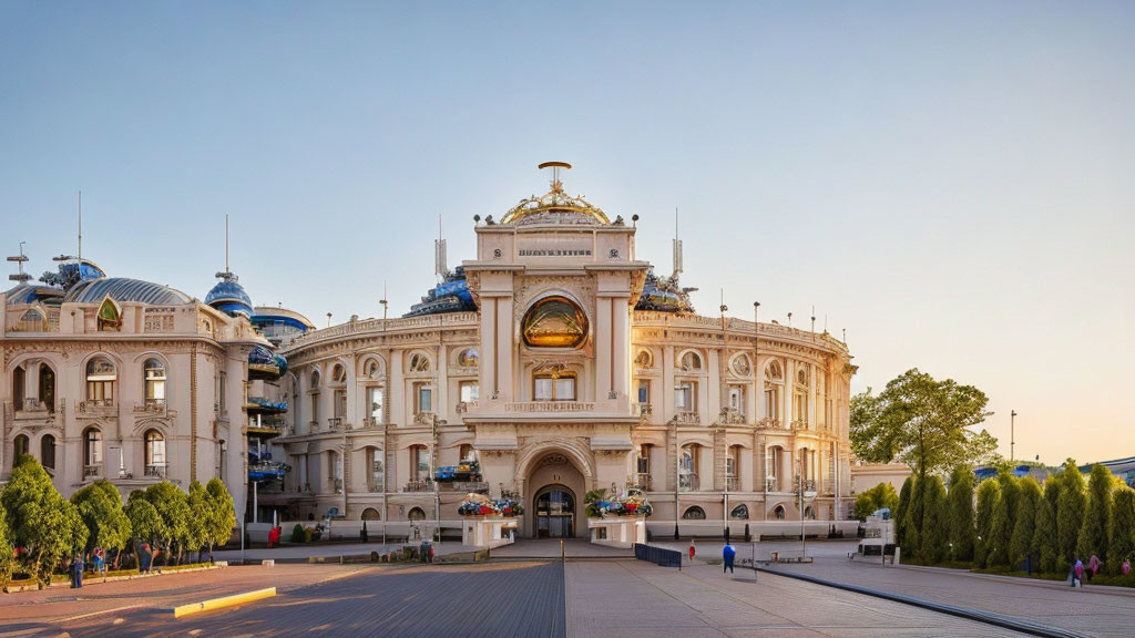 Ornate white building with golden details and clock in plaza