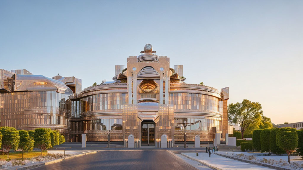 Symmetric glass building with art deco elements and central dome, flanked by smaller domes, people