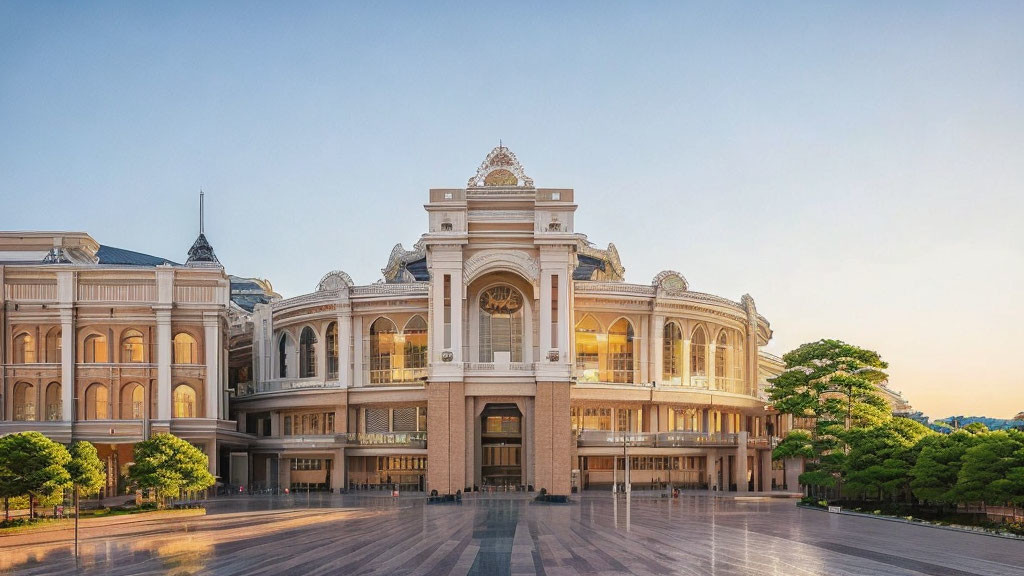 Neoclassical architecture building with arched windows and central dome in golden hour plaza