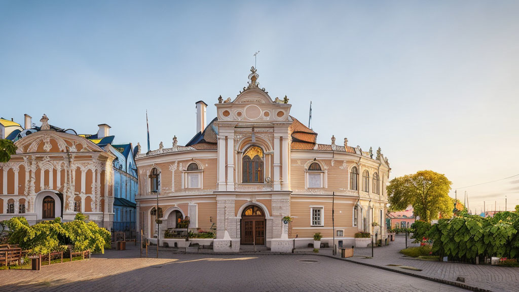 European-style Building with Decorative Facade and Arched Entrance at Sunrise or Sunset