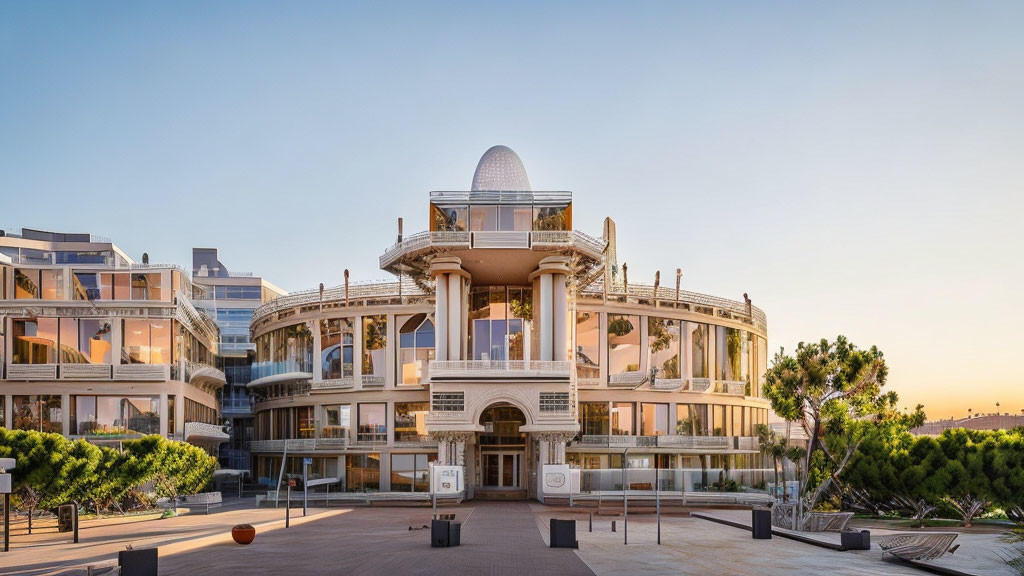 Contemporary building with central rotunda and balconies under clear sky