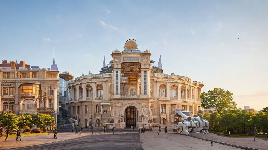 Historic theatre at sunset with plaza crowd and whimsical telescope sculpture